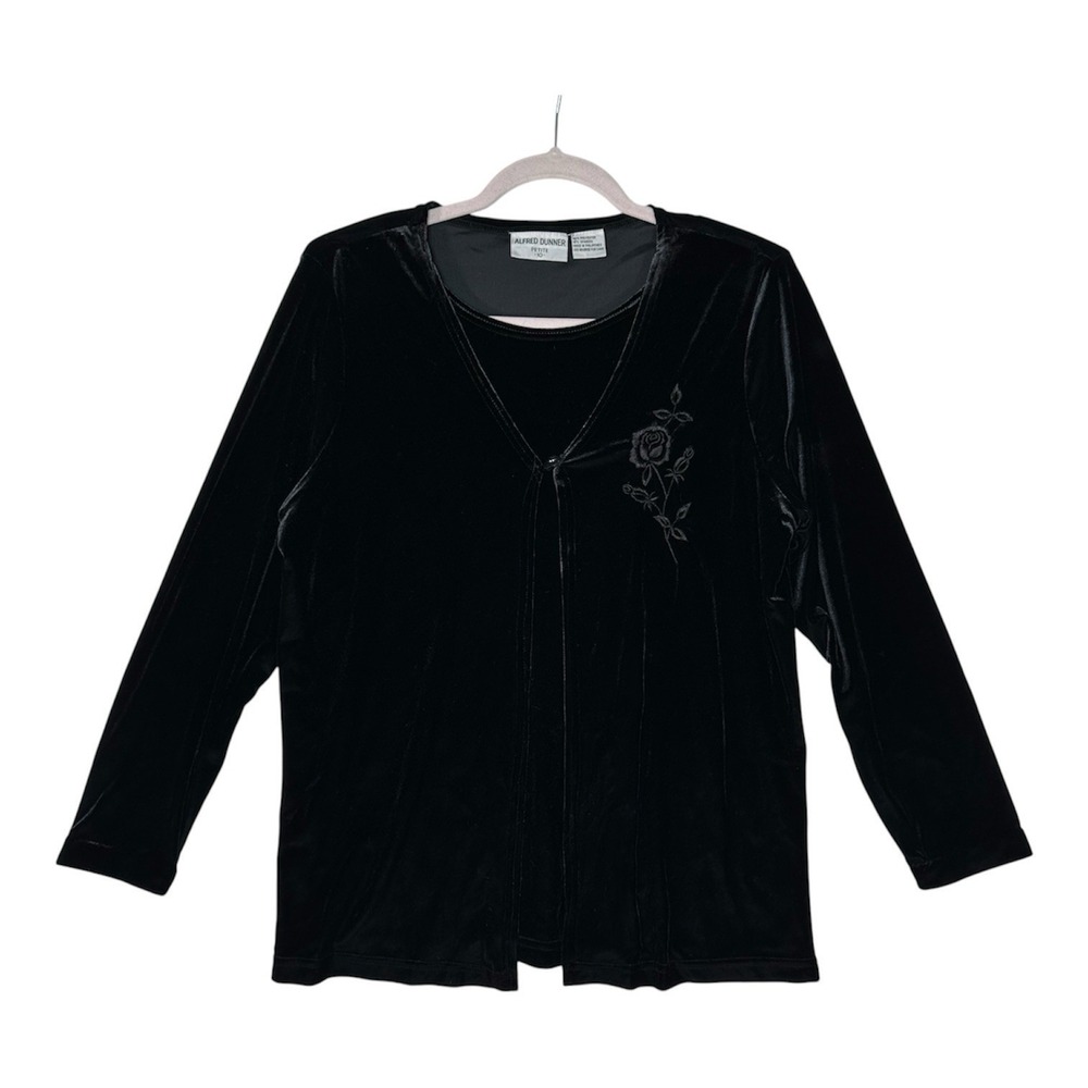 Alfred Dunner Velvet 2 in 1 Top Petite 10 Black Embroidered Rose Whimsigoth y2k